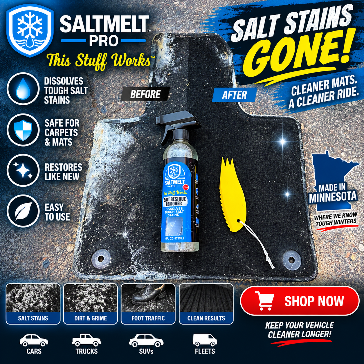 SaltMelt Pro before and after on a black vehicle floor mat: crusted white salt residue on one half, clean black on the other