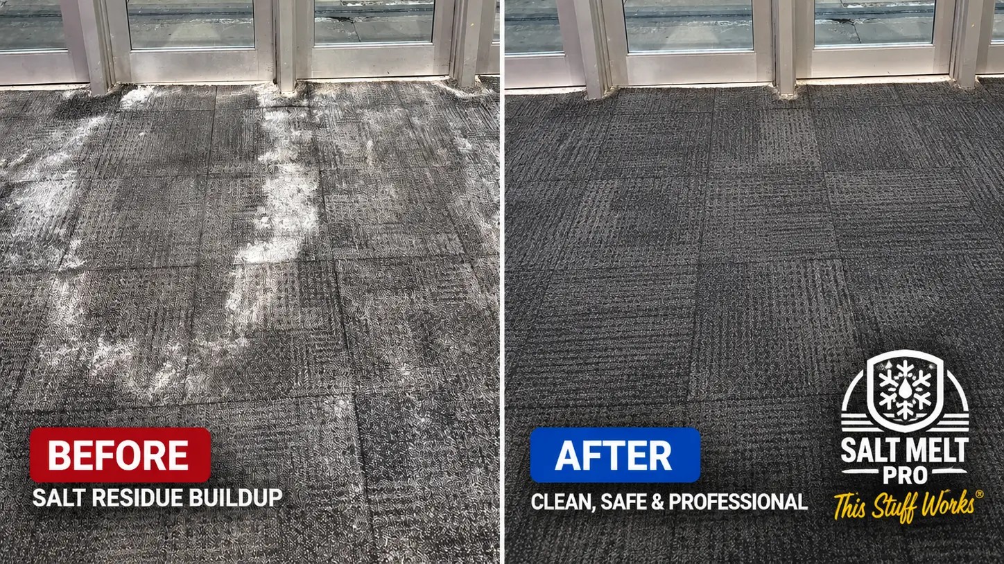 Before and after on an entryway carpet: white salt residue buildup on the left, clean carpet on the right