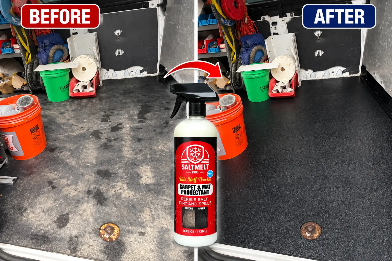 Work van cargo floor stained with road salt on the left, clean and treated on the right
