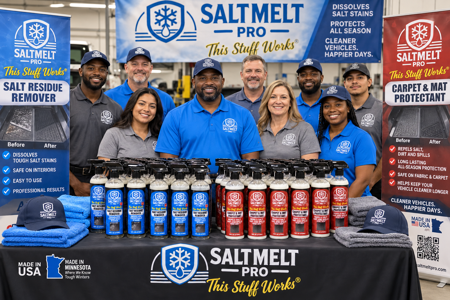 The SaltMelt Pro production team behind a table of Salt Residue Remover and Carpet & Mat Protectant bottles