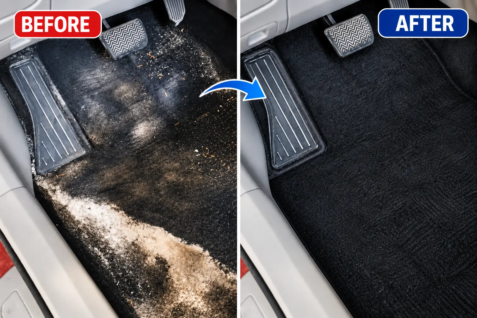 Driver-side car footwell carpet caked with white road salt on the left, clean after treatment on the right